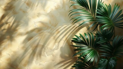 Beautiful palm leaves create elegant shadows on a beige wall, casting a serene ambiance with a touch of natures beauty