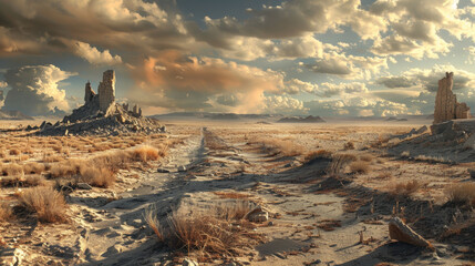 Wall Mural - A desolate desert landscape with a road in the middle