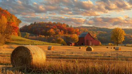 Wall Mural - A red barn sits in a field of golden wheat