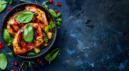 Delicious Grilled Pineapple Chicken in a bowl on a dark background with copy space