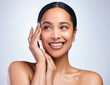 © K Davis/peopleimages.com - Woman, thinking and clean skincare in studio, healthy and hands for beauty on white background. Female person, cosmetics and touch soft or smooth skin, facial treatment and planning for dermatology