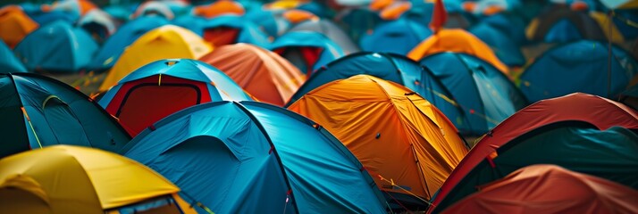 A large group of colorful tents are set up in a field. The tents are of various colors, including blue, yellow, and orange. Concept of excitement and adventure