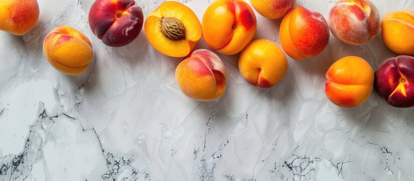 Top view of peaches and apricots on a light surface