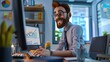 © Lcs - 3D character of a happy businessman at a desktop, focused on computer work and financial analysis, front and back views in a modern office setting