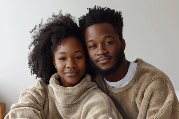 Wall Mural - Portrait of a blissful afro-american couple in their 30s dressed in a comfy fleece pullover isolated in minimalist or empty room background