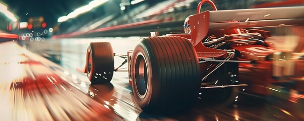 Red formula one race car is speeding down a wet racetrack at night