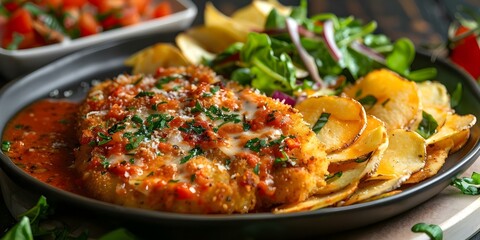 Canvas Print - Classic Comfort Chicken Schnitzel Parmigiana with Cheese Chips and Salad. Concept Chicken Schnitzel Parmigiana Recipe, Cheese Chips, Salad Ideas, Comfort Food, Classic Recipes