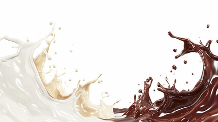 Wall Mural - Rich Dark Chocolate and Creamy White Chocolate Milk Splashing, Isolated on White Background - 3D Illustration with Clipping Path for Stock