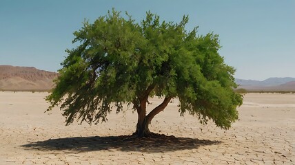 Wall Mural - Fantasy landscape of of climate desert with a single huge tropical tree in the middle of sands, opposition, nature and environment concept