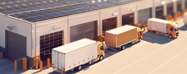 Wall Mural - Delivery trucks waiting outside a logistics center with solar panels on the roof, symbolizing green logistics and sustainability