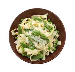 Wall Mural - Delicious pasta with green peas isolated on white, top view
