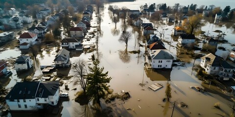Wall Mural - Aerial view of flooded neighborhood post-Hurricane reveals extensive damage captured by drone. Concept Natural Disasters, Hurricane Damage, Drone Photography, Aerial View, Flooded Neighborhood