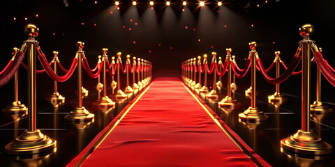 Luxurious red carpet walkway with illuminated spotlights and elegant stanchions, perfect for prestigious events, awards, and celebrity appearances..