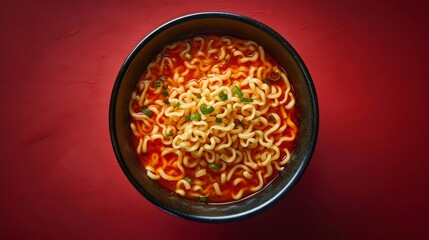 Sticker - A bowl of ramen noodles with a red background