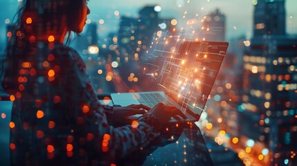 Wall Mural - Futuristic Coding Session with Cityscape Background. A futuristic scene of a person coding on a laptop, with a dynamic display of digital data and cityscape in the background.