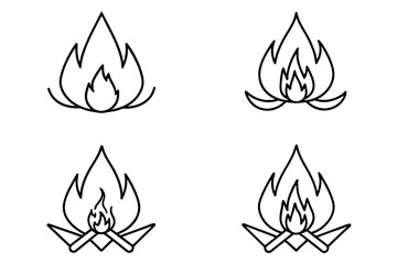 Poster - Campfire fiery black line icon set