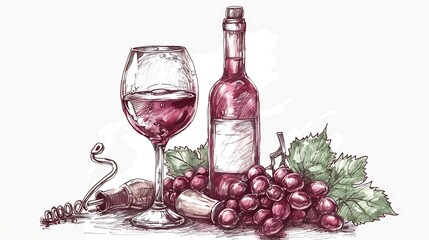 Wine concept Bottle glass with wine drink corkscrew and grapes Clipart sketch drawing set : Generative AI