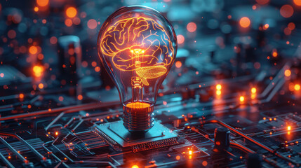 Wall Mural - A 3D render of a sleek, metallic light bulb with an AI brain pattern inside, surrounded by a holographic circuit board on a dark, futuristic background. The vibrant neon colors. Generative AI.