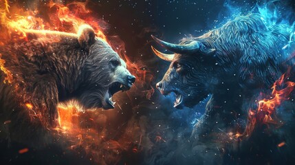 Wall Mural - Bear and Bull Market Concept Illustration. A symbolic representation of the financial market trends with a bear and a bull depicted in a dramatic confrontation surrounded by elemental effects.