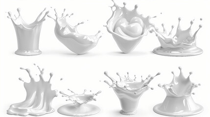 Wall Mural - Fresh Dairy Splash Set with Clipping Path - 3D Illustration of Milk, Yogurt, and Cream Pouring and Splashing. Stock Illustration Concept.