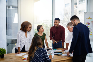 Poster - Boardroom, collaboration and meeting with group of business people in office together for training workshop. Coaching, seminar and workshop with employee team in workplace for upskill development