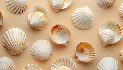 Seashell patterns on a beige background, top view. A summer concept