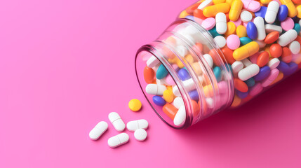 Sticker - Multi-colored tablets, capsules and vitamins in a jar on a pink background.