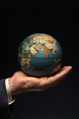 Businessman's hand holding a globe, signifying global business opportunities, international trade, and the interconnectedness of markets in the modern world