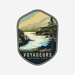 Wall Mural - Emblem sticker patch logo illustration of Voyageurs National Park on dark background, lake and canoe vector badge