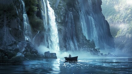 Wall Mural - A man rowing a boat towards a majestic waterfall cascading down a rocky cliffside, the mist enveloping the scene in an air of mystery. Isolated on a clean background