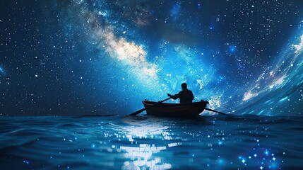 Wall Mural - A silhouette of a man rowing a boat against a backdrop of a vibrant starry night sky, the Milky Way swirling above. Isolated on a clean background 