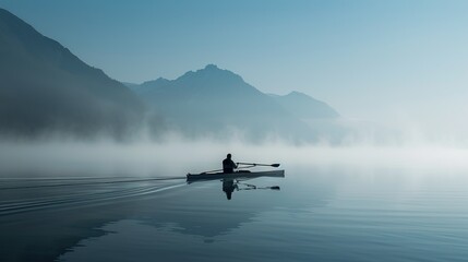 Wall Mural - A solitary rower navigating a misty lake, the water reflecting the ethereal fog and the silhouette of distant mountains. Isolated on a clean background