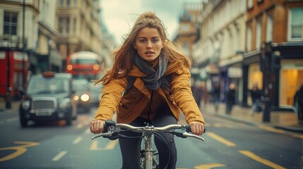 A woman riding a bicycle down a street in London. The image captures her face clearly, showing her expression as she enjoys the ride. Generative AI.