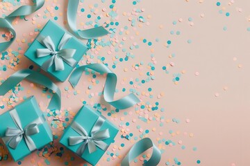 Wall Mural - flat lay composition with turquoise gift boxes confetti and satin ribbon on pastel background social media mockup