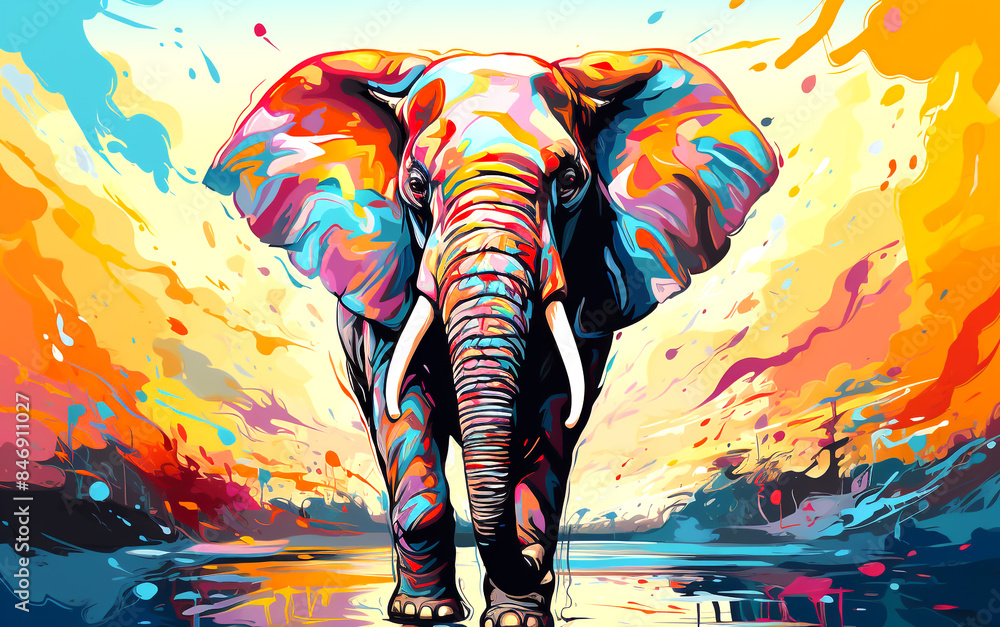 A full-length painting of an elephant, very bright colors, walking ...