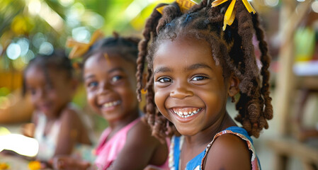 A group of smiling black Caribbean children playing together. Generative AI.