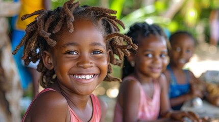 A group of smiling black Caribbean children playing together. Generative AI.