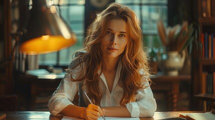 Wall Mural - A woman with long red hair is sitting at a desk writing