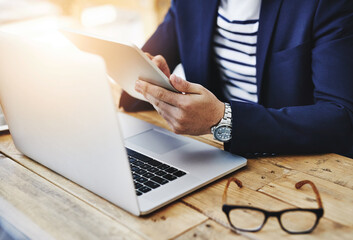Aufkleber - Office, tablet and hands of person for scroll, typing and browsing on online website. Desk, business employee or digital for creative inspiration, research and planning with technology for innovation