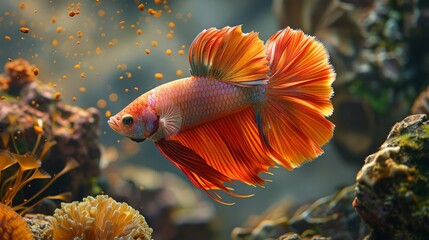 Stunning and realistic all orange fighting fish. The fish is in a graceful pose. Its delicate fins and tail flare out beautifully. Revealing intricate details and fluid movement.