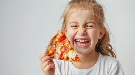 Sticker - A smiling young girl holds a slice of pizza in front of her face