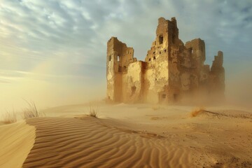 The warm sunlight bathes an old desert castle ruins surrounded by sandy dunes