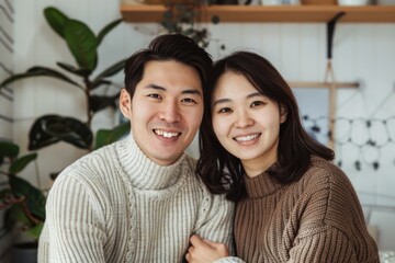 Poster - Portrait of a smiling asian couple in their 30s wearing a cozy sweater while standing against scandinavian-style interior background