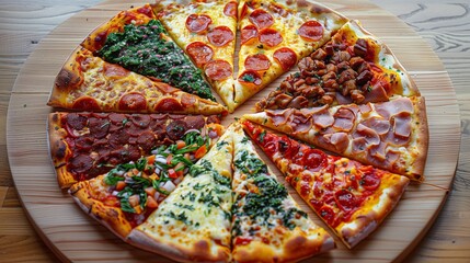 Sticker - A close-up of a pizza sliced into eight different varieties, each with a unique topping