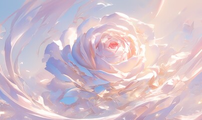 Wall Mural - Romantic digital art rose with swirl lines and soft edges, creating a dreamlike atmosphere. Neutral background highlights the intricate details, with a thin golden line across the center adding depth 