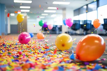 Wall Mural - joyful office celebration colorful confetti and balloons scattered on floor after corporate party lifestyle photo