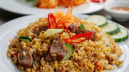 Wall Mural - Nasi goreng is a Southeast Asian fried rice dish, usually cooked with pieces of meat. Generative Ai