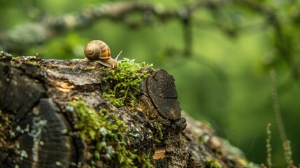 Wall Mural - Photo of a snail on an old tree trunk against a green background