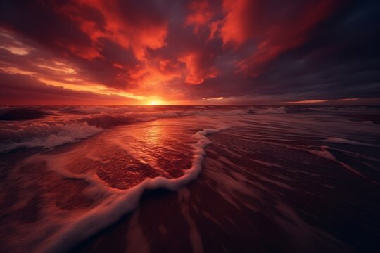 Captivating sunrise glow over picturesque beach, beautifully captured in a mesmerizing photograph
