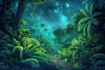 lush green jungle landscape with glowing night sky fantasy digital art illustration